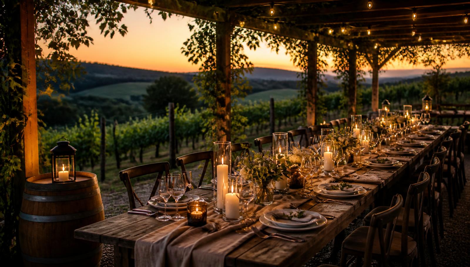 Long candlelit dinner table set in a vineyard