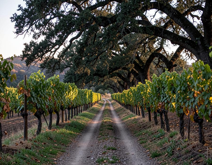 A quiet lane between old vines and oak trees in Napa Valley